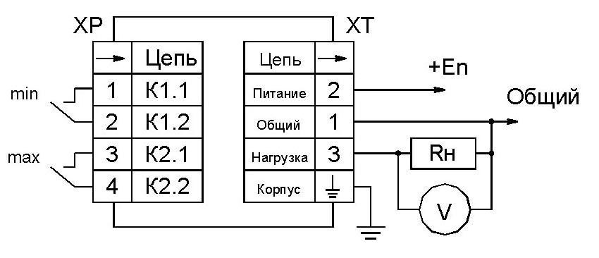 Схема подключения прибора ДМ5001 с унифицированным токовым выходом и сигнализирующим устройством Схема подключения прибора ДМ5001 с унифицированным токовым выходом и сигнализирующим устройством