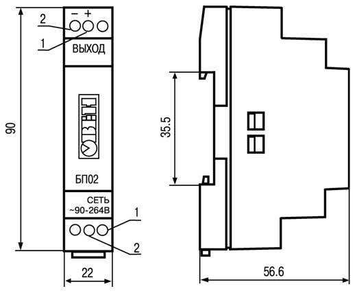 Габаритные размеры блока питания БП02Б – Д1 – 24
