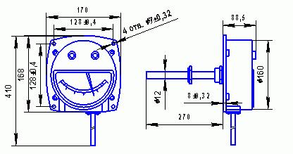 Габаритные и присоединительные размеры для местного термометра с осевым расположением термобаллона ТКП160Сг-М