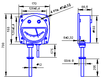 Габаритные и присоединительные размеры для местного термометра с радиальным расположением термобаллона ТКП-160Сг-М